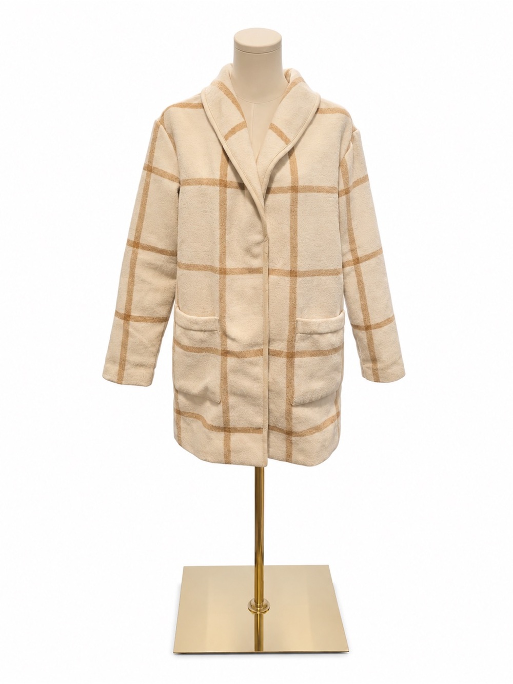Marine Layer Liverpool Re-Spun Shawl Collar Coatigan Cream Camel Plaid Small